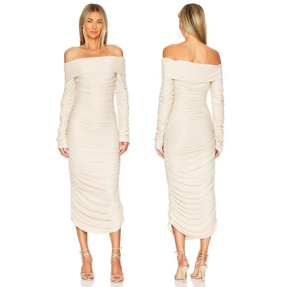 Bronx and Banco Amara Midi Dress Ruched Off the Shoulder Linen Neutral M/US 6 - Picture 1 of 16